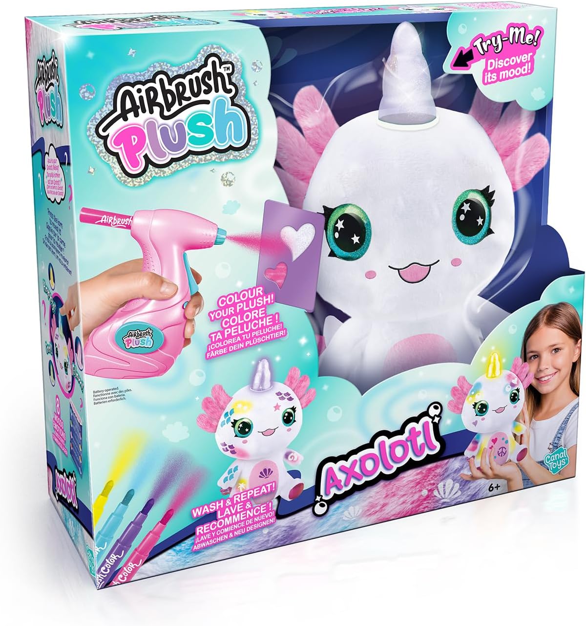 Airbrush Plush Light-Up Axolotl, Decorate Your own Plush, wash Off & Repeat!, Light up Magic Horn, Lights up to Show The Axalotls Feelings, Jam Packed, Fun Filled Gift for Ages 6+