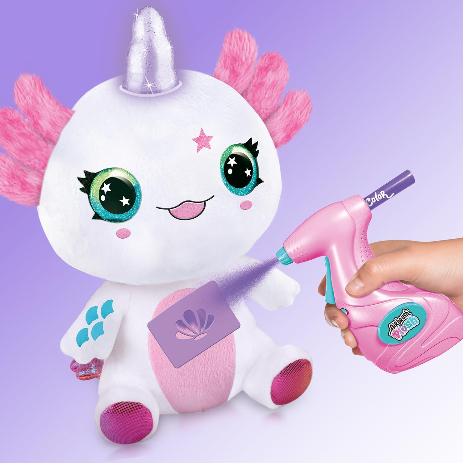 Airbrush Plush Light-Up Axolotl, Decorate Your own Plush, wash Off & Repeat!, Light up Magic Horn, Lights up to Show The Axalotls Feelings, Jam Packed, Fun Filled Gift for Ages 6+