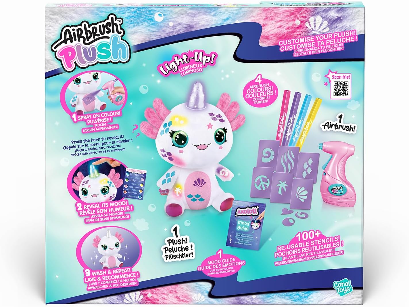 Airbrush Plush Light-Up Axolotl, Decorate Your own Plush, wash Off & Repeat!, Light up Magic Horn, Lights up to Show The Axalotls Feelings, Jam Packed, Fun Filled Gift for Ages 6+