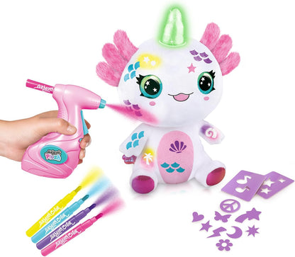 Airbrush Plush Light-Up Axolotl, Decorate Your own Plush, wash Off & Repeat!, Light up Magic Horn, Lights up to Show The Axalotls Feelings, Jam Packed, Fun Filled Gift for Ages 6+