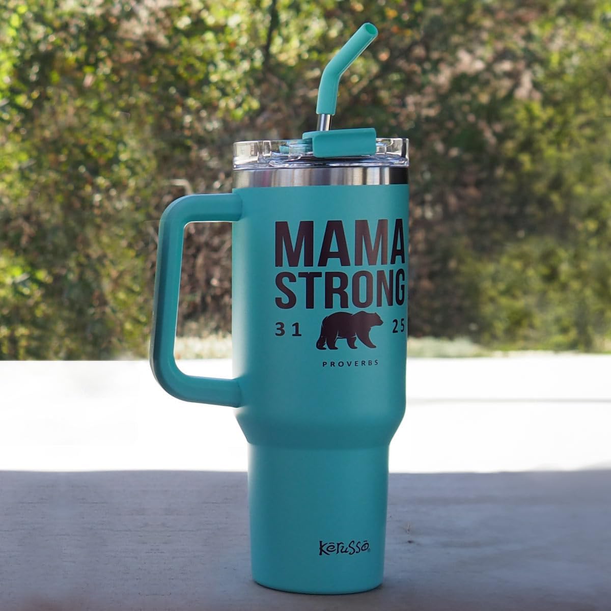 Kerusso Mama Strong Proverbs 31:25, Teal/Maroon 40 Ounce Stainless Steel Travel Tumbler with Lid