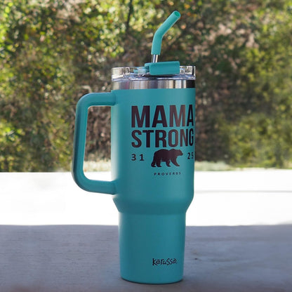 Kerusso Mama Strong Proverbs 31:25, Teal/Maroon 40 Ounce Stainless Steel Travel Tumbler with Lid