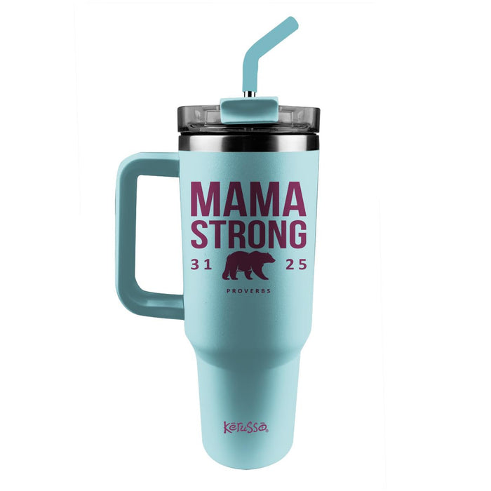 Kerusso Mama Strong Proverbs 31:25, Teal/Maroon 40 Ounce Stainless Steel Travel Tumbler with Lid