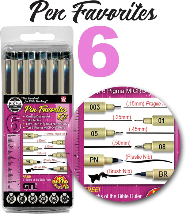 GTL Pigma Micron Favorites Black Pens 6 Piece Bible Study Set - Ultra Fine to Medium Point plus Brush and Bookmark