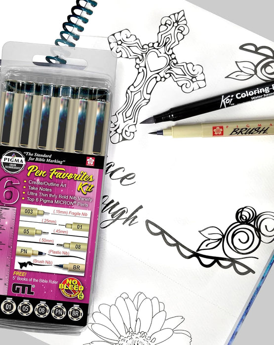 GTL Pigma Micron Favorites Black Pens 6 Piece Bible Study Set - Ultra Fine to Medium Point plus Brush and Bookmark