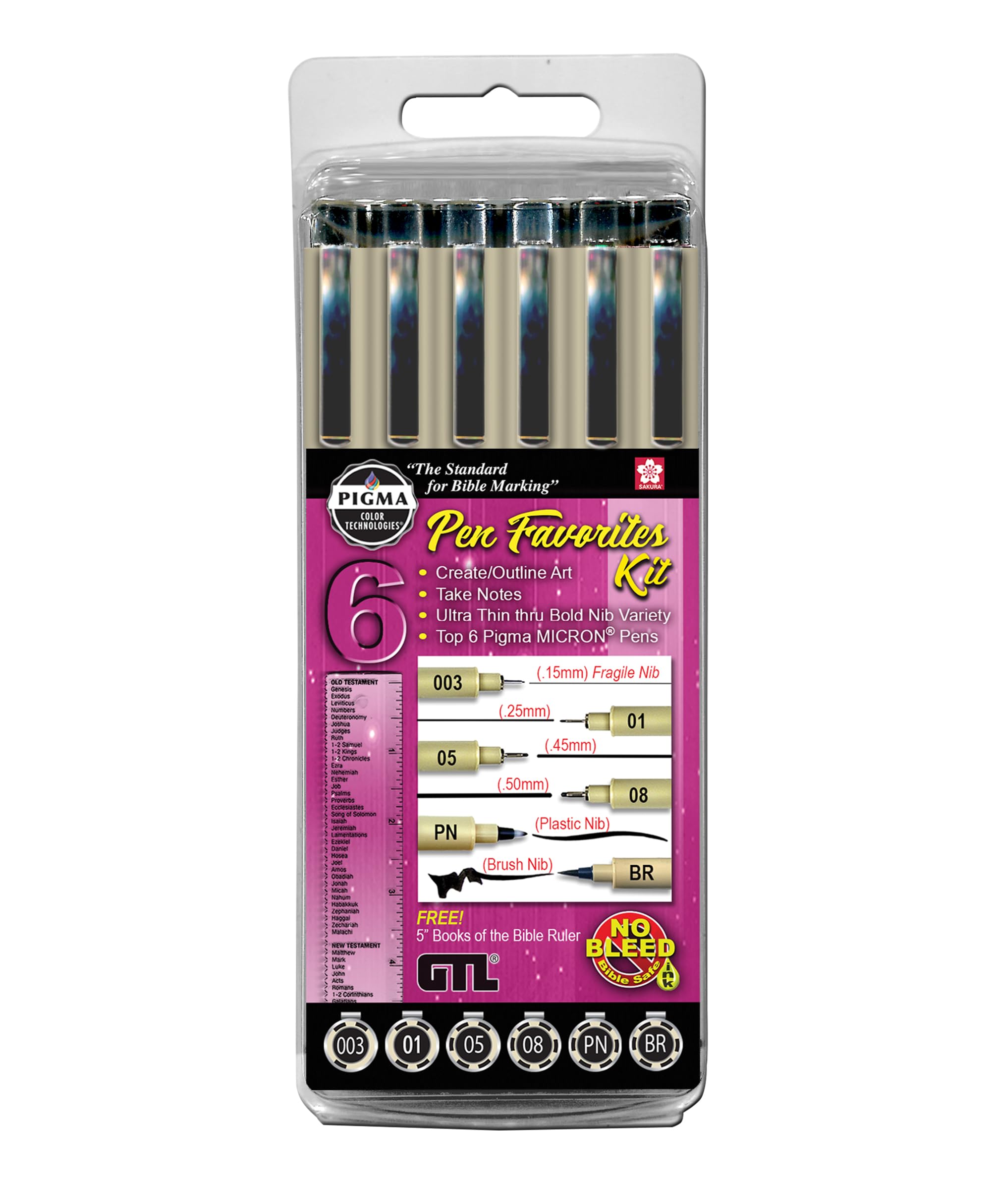 GTL Pigma Micron Favorites Black Pens 6 Piece Bible Study Set - Ultra Fine to Medium Point plus Brush and Bookmark