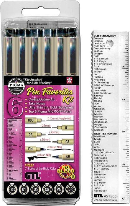 GTL Pigma Micron Favorites Black Pens 6 Piece Bible Study Set - Ultra Fine to Medium Point plus Brush and Bookmark