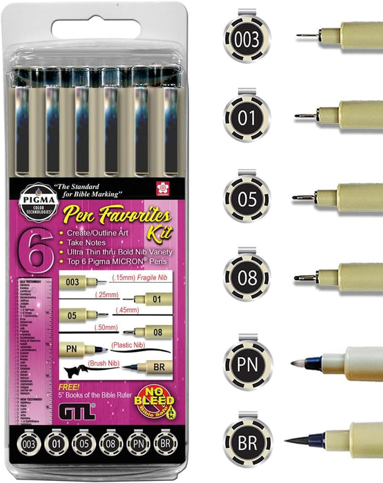 GTL Pigma Micron Favorites Black Pens 6 Piece Bible Study Set - Ultra Fine to Medium Point plus Brush and Bookmark