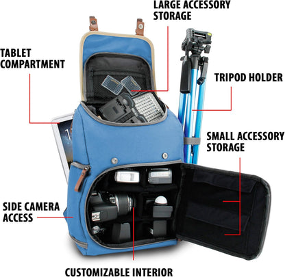 GOgroove Mid-Size Camera Backpacks for Photographers - DSLR Camera Backpack with Tablet Compartment, Accessory Storage, Tripod Holder, Rain Cover Small Camera Bag for DSLR Camera and More (Blue)