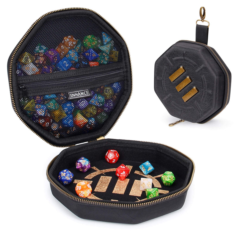 ENHANCE DnD Dice Tray and Case - DnD Dice Holder for up to 150 D&D Shakers with Rugged Hard Shell Exterior and Protective Soft Interior - Rolling Tray Perfect for Game Night (Black