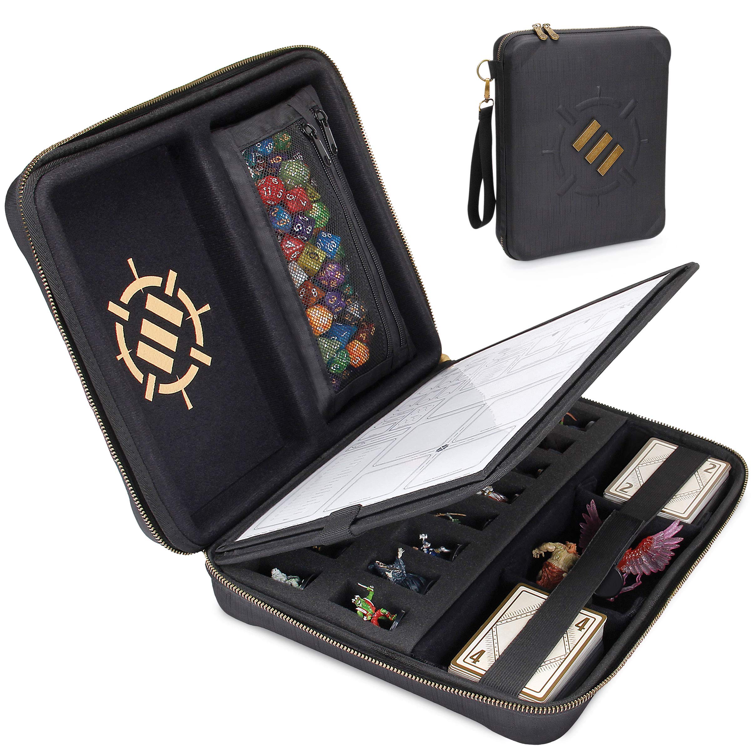 ENHANCE RPG Organizer Case - DND Binder with Built-in Character Sheet Holder and Erasable Scribe Panel, Dice Rolling Area, Removable Pen Pouch, Miniature Foam Tray, Wrist Strap, and More (Black