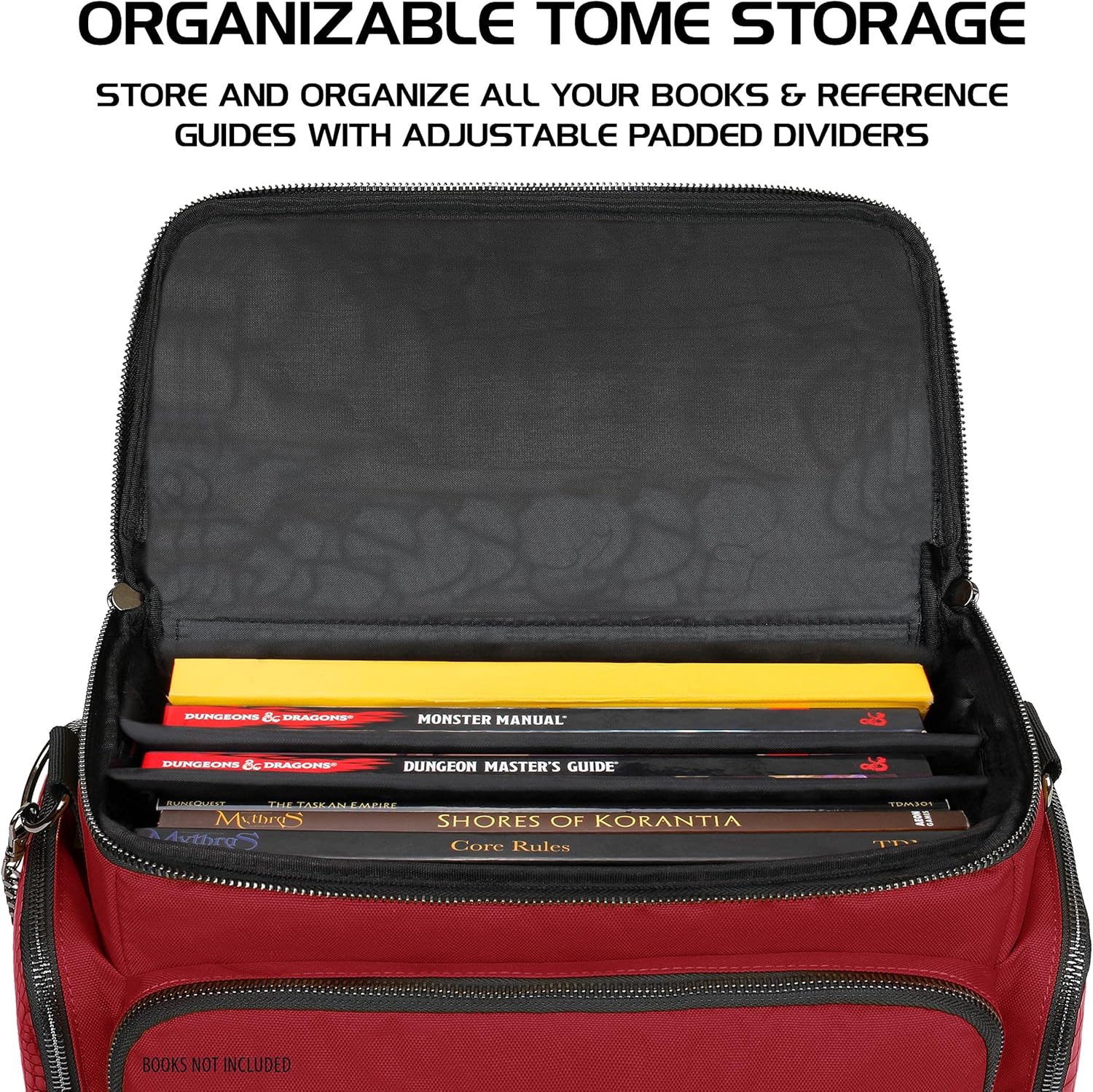 ENHANCE Collector's Edition RPG Adventurer's DND Bag - Dragon Hide Exterior Travel RPG Bag with Tabletop Miniatures Storage Vault, Mat Holder, DND Dice & Token Pockets, Fits 4-8 Books (Dragon Red)