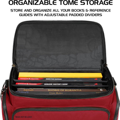 ENHANCE Collector's Edition RPG Adventurer's DND Bag - Dragon Hide Exterior Travel RPG Bag with Tabletop Miniatures Storage Vault, Mat Holder, DND Dice & Token Pockets, Fits 4-8 Books (Dragon Red)