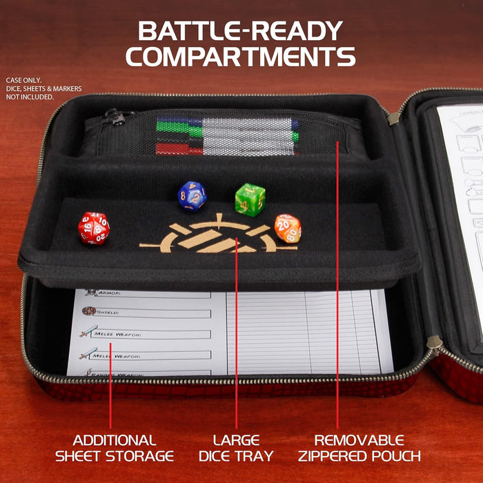 ENHANCE Collector's Edition RPG Organizer Case - DND Binder with Built-in Character Sheet Holder and Erasable Scribe Panel, Dice Rolling Area, Removable Pen Pouch, Miniature Foam Tray (Dragon Red)