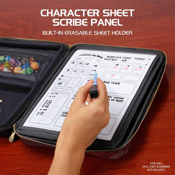 ENHANCE Collector's Edition RPG Organizer Case - DND Binder with Built-in Character Sheet Holder and Erasable Scribe Panel, Dice Rolling Area, Removable Pen Pouch, Miniature Foam Tray (Dragon Red)