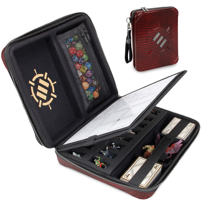 ENHANCE Collector's Edition RPG Organizer Case - DND Binder with Built-in Character Sheet Holder and Erasable Scribe Panel, Dice Rolling Area, Removable Pen Pouch, Miniature Foam Tray (Dragon Red)