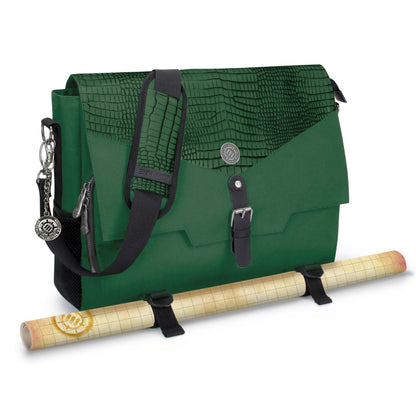 ENHANCE Player's Essentials DND-Tasche, Sammleredition - Umhängetasche aus Drachenhaut für 2–4 Bücher, Ordner, Würfel und Zubehör, mit 17-Zoll-Laptop-Steckplatz, Battlemap-Riemen (Drachen Grün