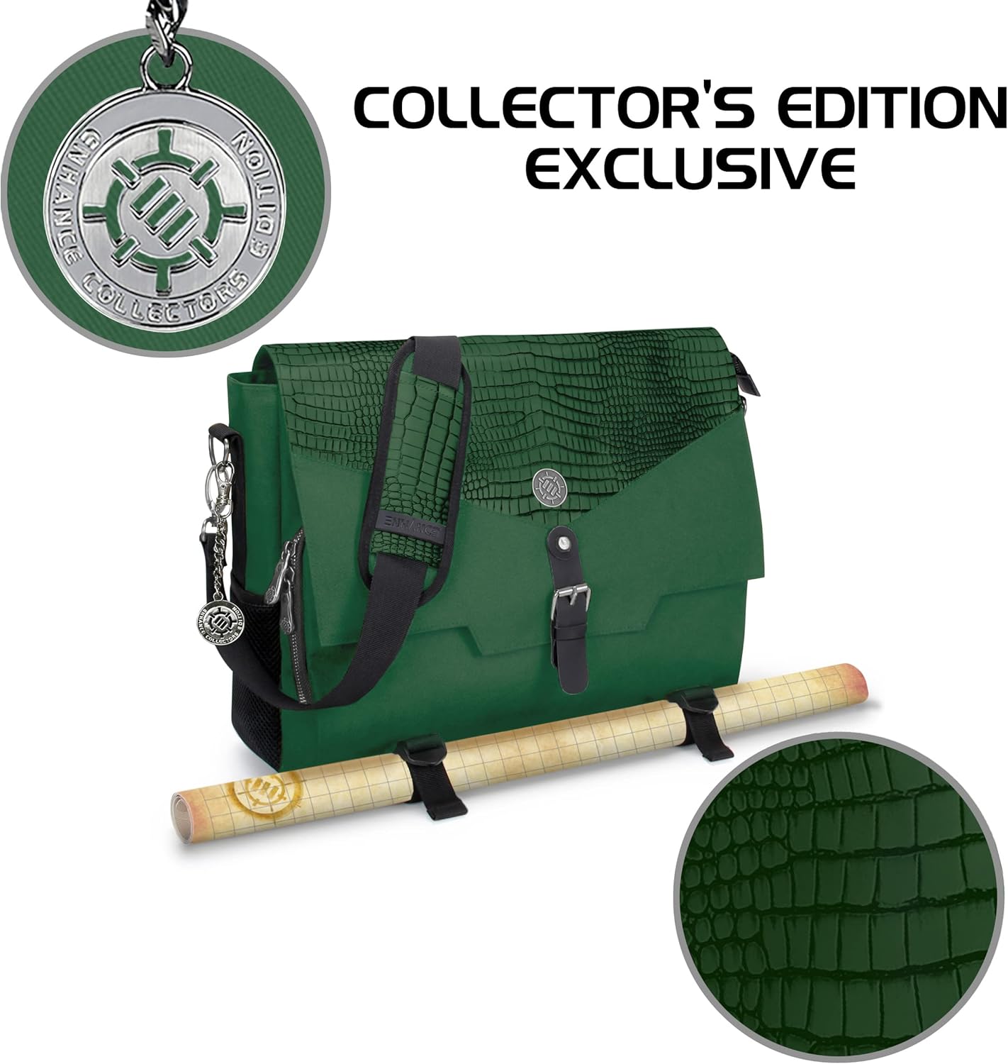 ENHANCE Player's Essentials DND-Tasche, Sammleredition - Umhängetasche aus Drachenhaut für 2–4 Bücher, Ordner, Würfel und Zubehör, mit 17-Zoll-Laptop-Steckplatz, Battlemap-Riemen (Drachen Grün