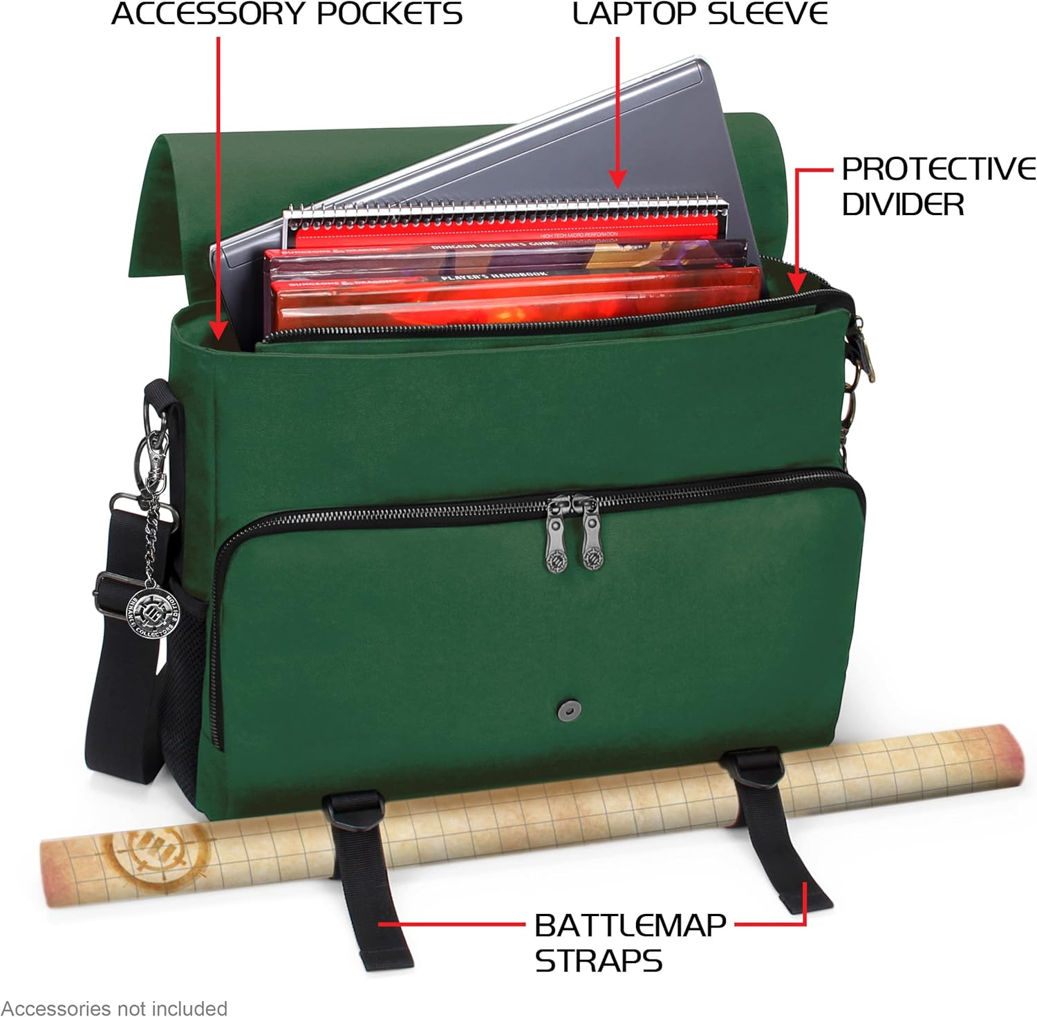 ENHANCE Player's Essentials DND-Tasche, Sammleredition - Umhängetasche aus Drachenhaut für 2–4 Bücher, Ordner, Würfel und Zubehör, mit 17-Zoll-Laptop-Steckplatz, Battlemap-Riemen (Drachen Grün