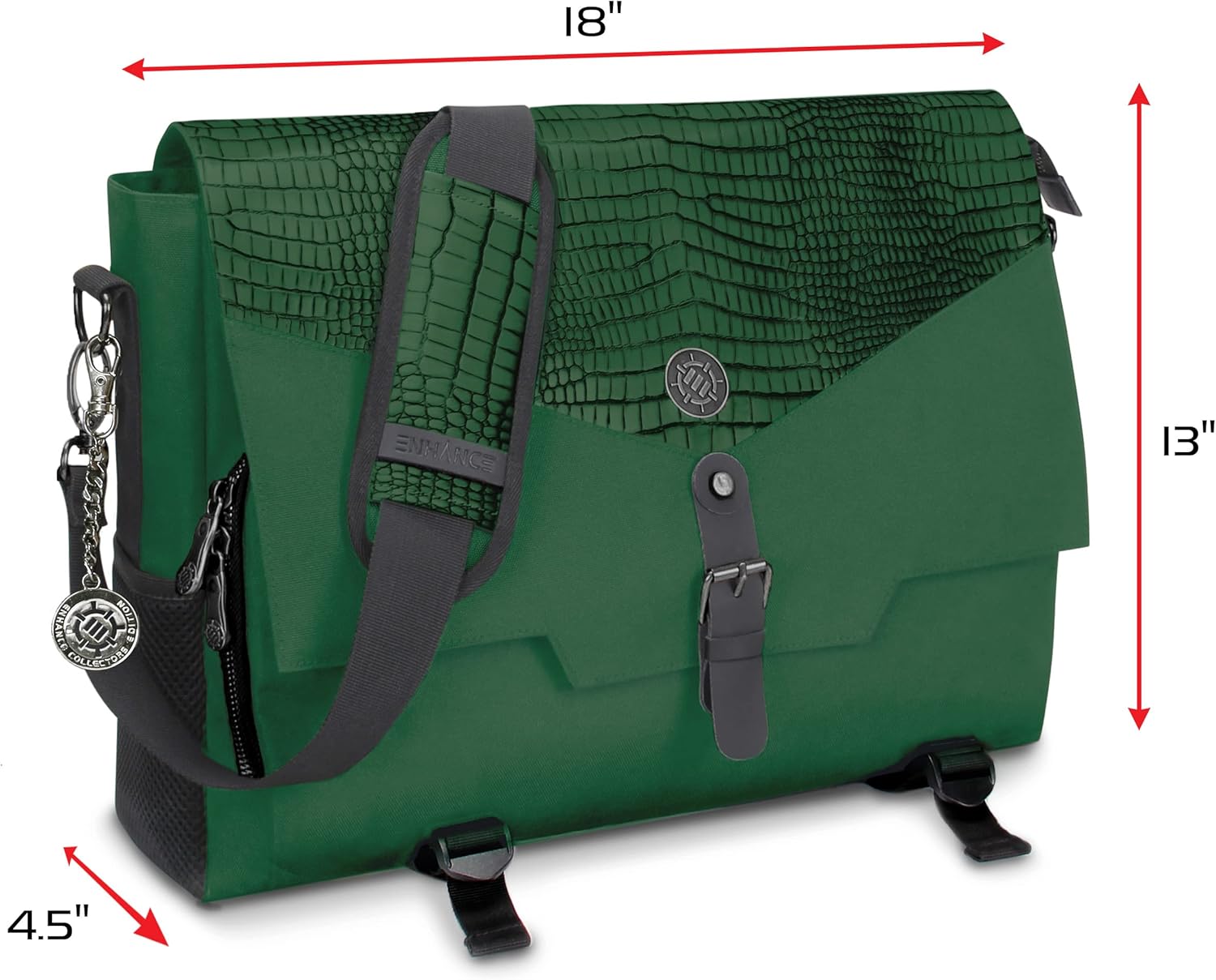 ENHANCE Player's Essentials DND-Tasche, Sammleredition - Umhängetasche aus Drachenhaut für 2–4 Bücher, Ordner, Würfel und Zubehör, mit 17-Zoll-Laptop-Steckplatz, Battlemap-Riemen (Drachen Grün