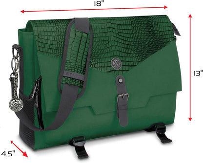 ENHANCE Player's Essentials DND-Tasche, Sammleredition - Umhängetasche aus Drachenhaut für 2–4 Bücher, Ordner, Würfel und Zubehör, mit 17-Zoll-Laptop-Steckplatz, Battlemap-Riemen (Drachen Grün