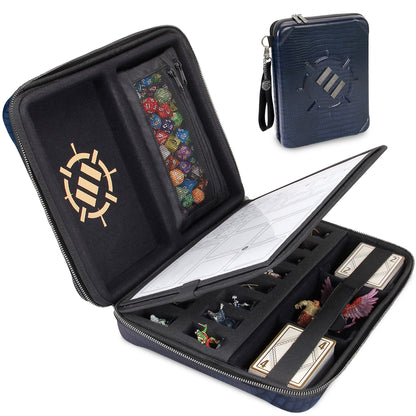 ENHANCE Collector's Edition RPG Organizer Case - DnD Binder with Built-in Character Sheet Holder and Erasable Scribe Panel, Dice Rolling Area, Removable Pen Pouch, Miniature Foam Tray (Dragon Blue