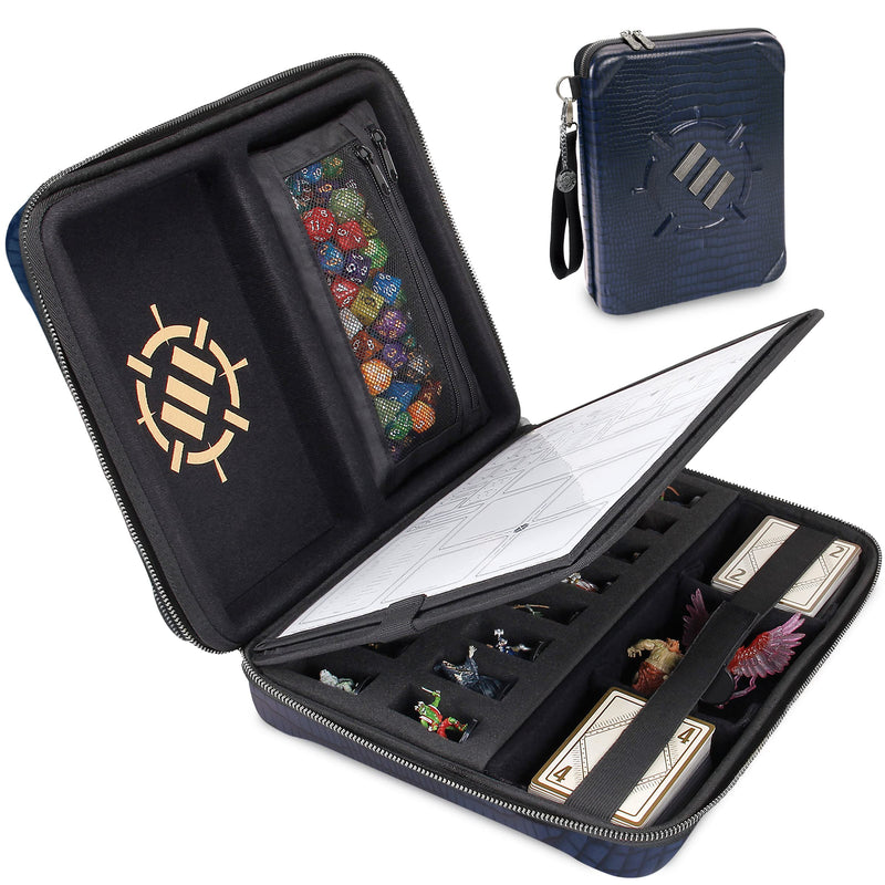 ENHANCE Collector's Edition RPG Organizer Case - DnD Binder with Built-in Character Sheet Holder and Erasable Scribe Panel, Dice Rolling Area, Removable Pen Pouch, Miniature Foam Tray (Dragon Blue