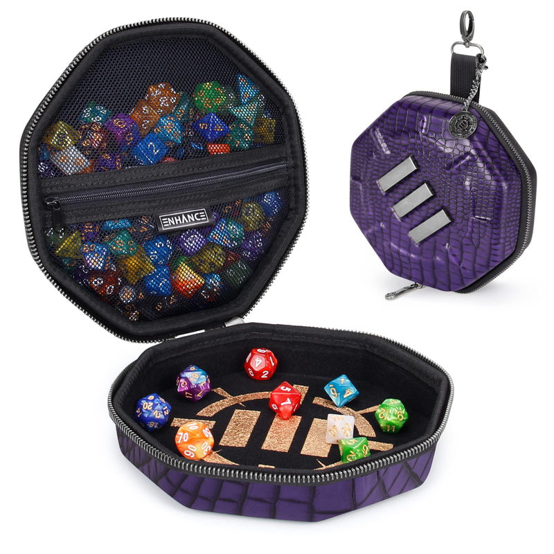 ENHANCE DnD Dice Tray and Case - Collector's Edition DnD Dice Holder up to 150 D&D Shakers with Hard Shell Exterior and Protective Soft Interior - Rolling Tray Perfect for Game Night (Dragon Purple