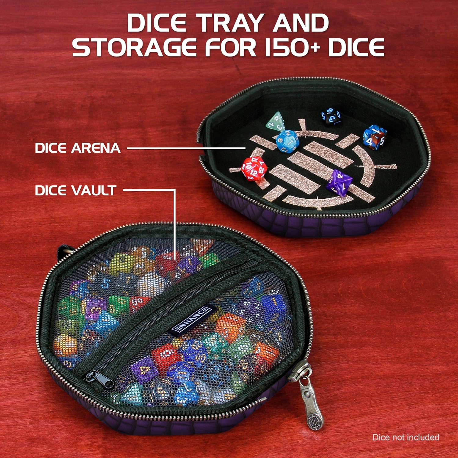 ENHANCE DnD Dice Tray and Case - Collector's Edition DnD Dice Holder up to 150 D&D Shakers with Hard Shell Exterior and Protective Soft Interior - Rolling Tray Perfect for Game Night (Dragon Purple