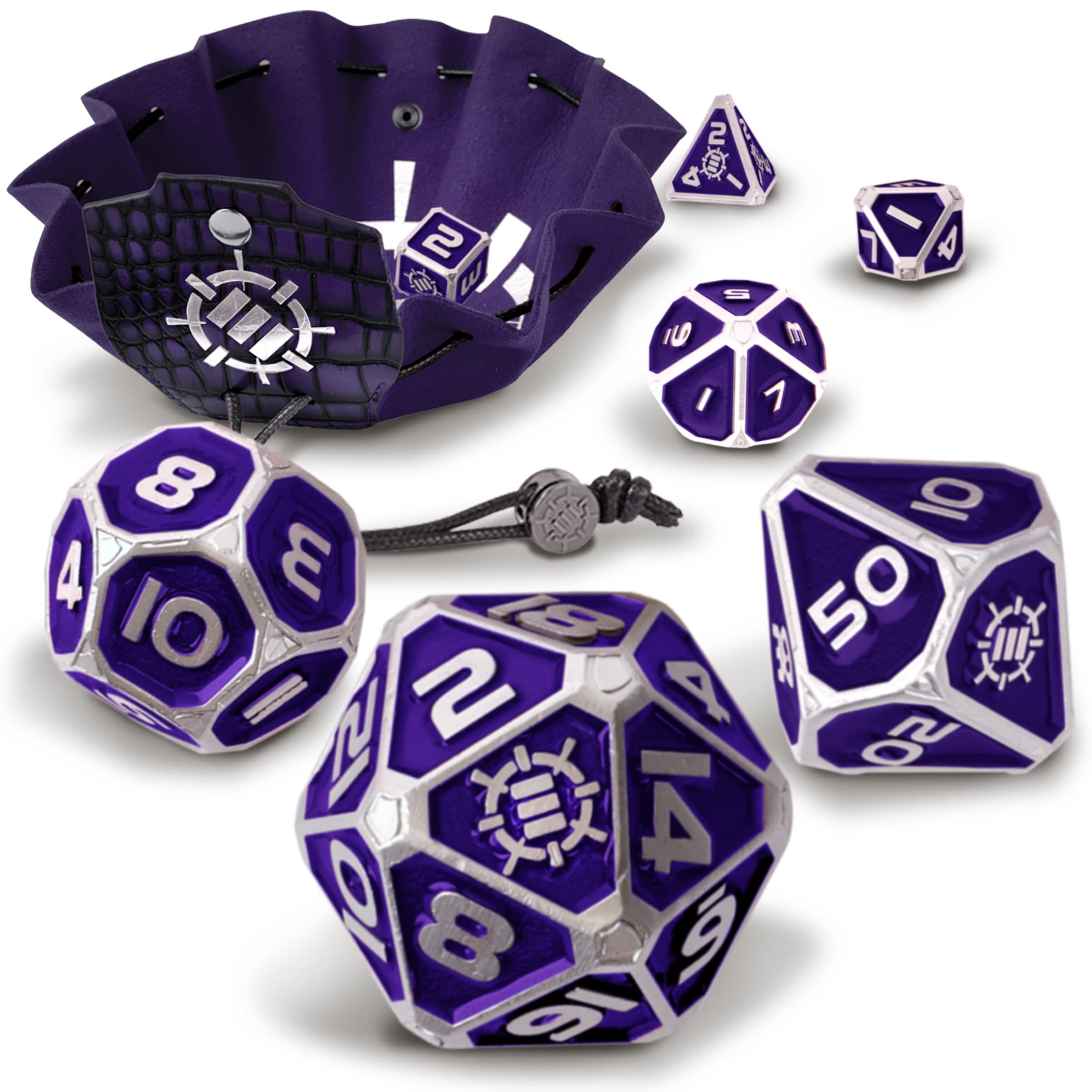 ENHANCE DnD Metal Dice Set - 7pc Polyhedral Dice with 2-in-1 Vegan Leather Dice Bag and Dice Tray, Solid Metal D&D Dice Set for Dungeons and Dragons, Pathfinder, more RPGs (Collector's Edition Purple