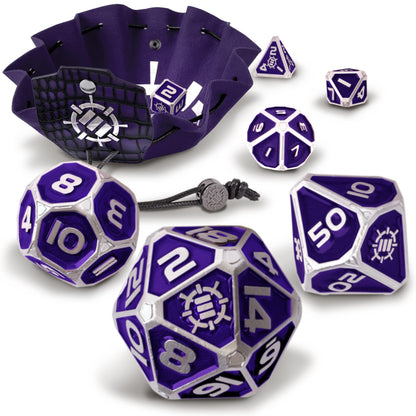ENHANCE DnD Metal Dice Set - 7pc Polyhedral Dice with 2-in-1 Vegan Leather Dice Bag and Dice Tray, Solid Metal D&D Dice Set for Dungeons and Dragons, Pathfinder, more RPGs (Collector's Edition Purple