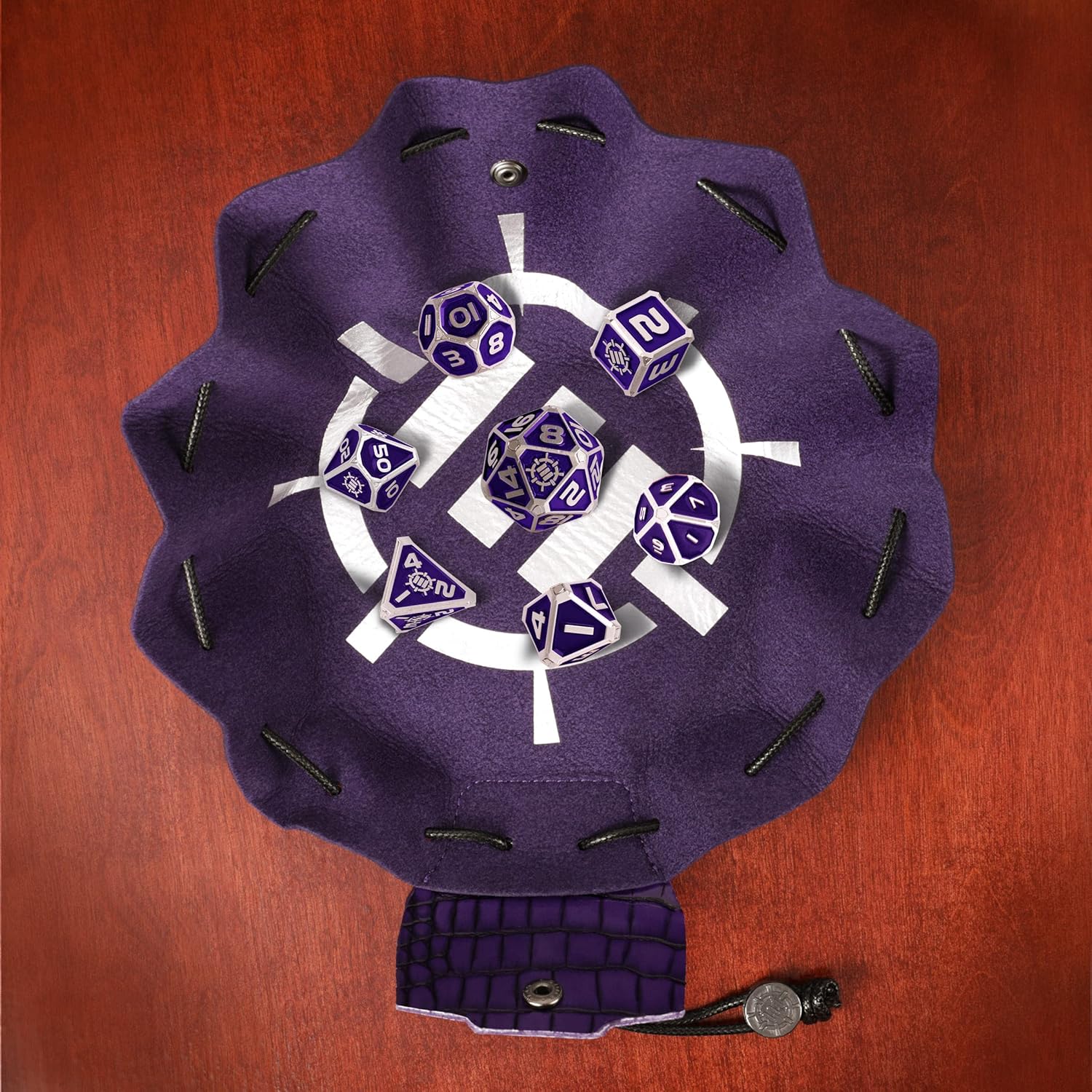 ENHANCE DnD Metal Dice Set - 7pc Polyhedral Dice with 2-in-1 Vegan Leather Dice Bag and Dice Tray, Solid Metal D&D Dice Set for Dungeons and Dragons, Pathfinder, more RPGs (Collector's Edition Purple