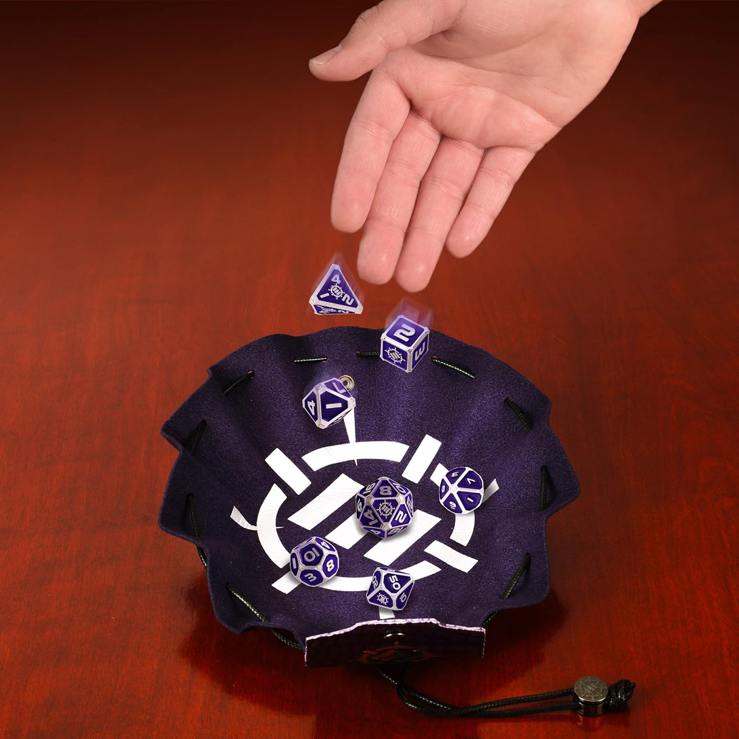 ENHANCE DnD Metal Dice Set - 7pc Polyhedral Dice with 2-in-1 Vegan Leather Dice Bag and Dice Tray, Solid Metal D&D Dice Set for Dungeons and Dragons, Pathfinder, more RPGs (Collector's Edition Purple