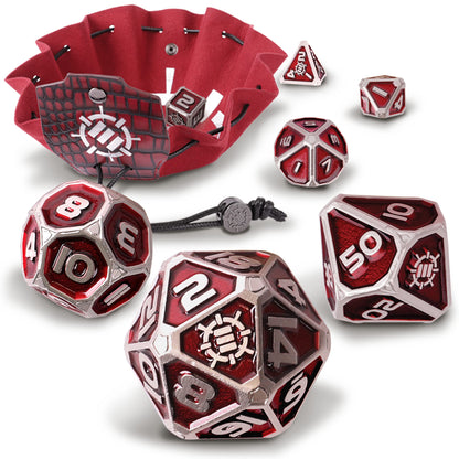 ENHANCE DnD Metal Dice Set - 7pc Polyhedral Dice with 2-in-1 Vegan Leather Bag and Tray, Solid Metal Set for Dungeons and Dragons, Pathfinder, more RPGs (Collector's Edition Red