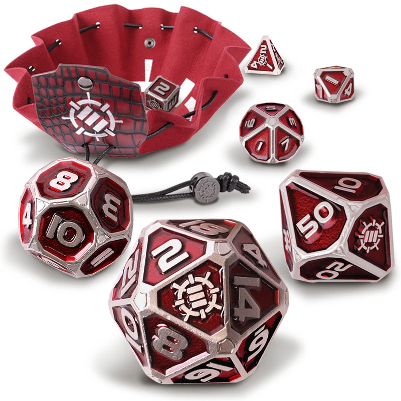ENHANCE DnD Metal Dice Set - 7pc Polyhedral Dice with 2-in-1 Vegan Leather Bag and Tray, Solid Metal Set for Dungeons and Dragons, Pathfinder, more RPGs (Collector's Edition Red