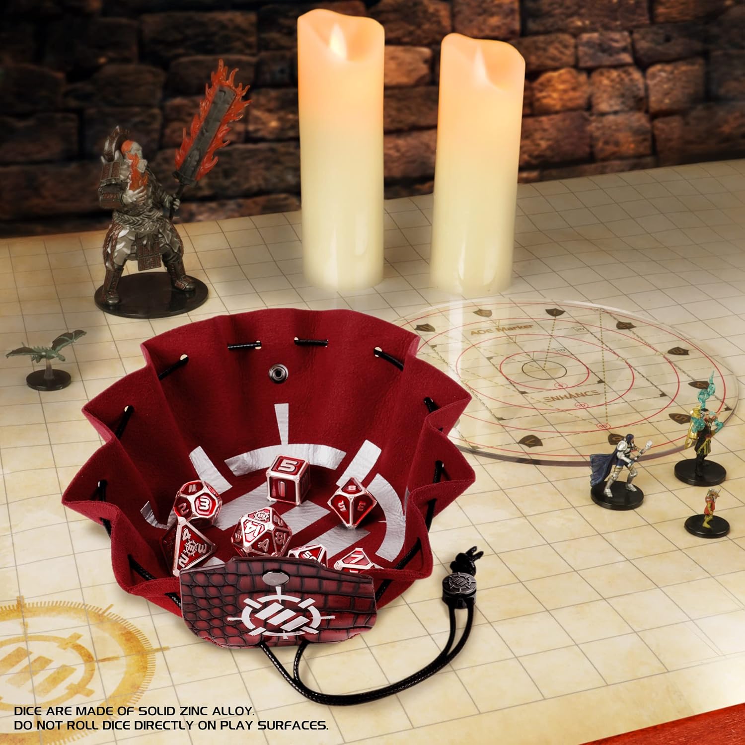 ENHANCE DnD Metal Dice Set - 7pc Polyhedral Dice with 2-in-1 Vegan Leather Bag and Tray, Solid Metal Set for Dungeons and Dragons, Pathfinder, more RPGs (Collector's Edition Red