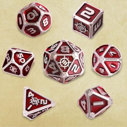 ENHANCE DnD Metal Dice Set - 7pc Polyhedral Dice with 2-in-1 Vegan Leather Bag and Tray, Solid Metal Set for Dungeons and Dragons, Pathfinder, more RPGs (Collector's Edition Red