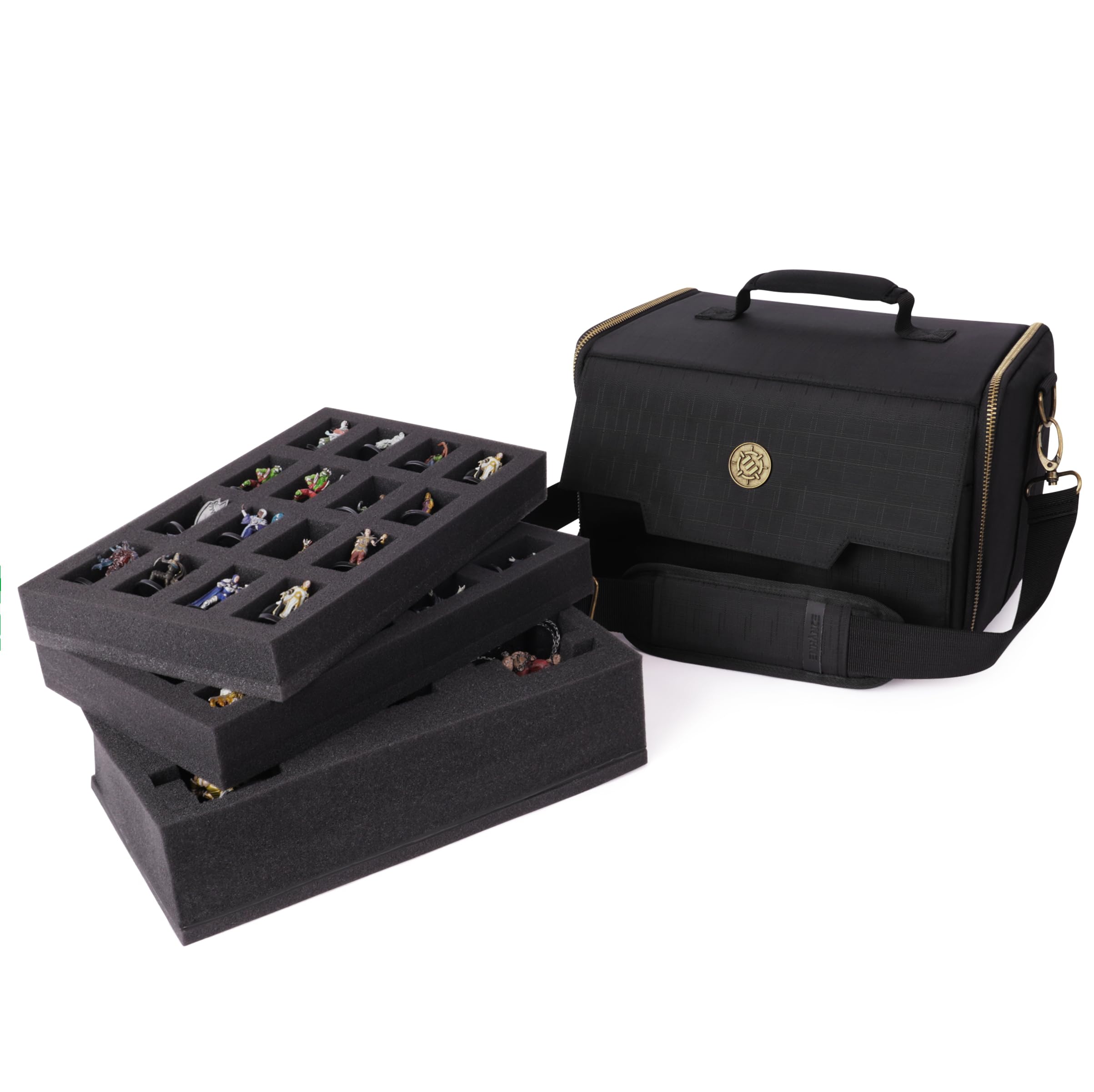 ENHANCE Miniature Figure Satchel - Compact Storage & Carrying Case for DnD Miniatures with Shoulder Strap, 3 Foam Trays (2 Pre-Cut and 1 Pick & Pluck Tray) - Fits Standard 20mm to 25mm Figures