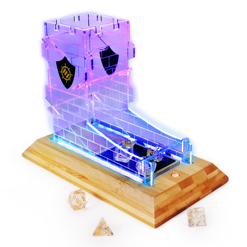 ENHANCE Tabletop LED Dice Tower with 7pc Dice Set for RPG Games - Clear Dice Set, LED Dice Roller with Bamboo Base and Castle Tower Design, Roll Up to 14 Standard Dice at Once - Great for Game Night