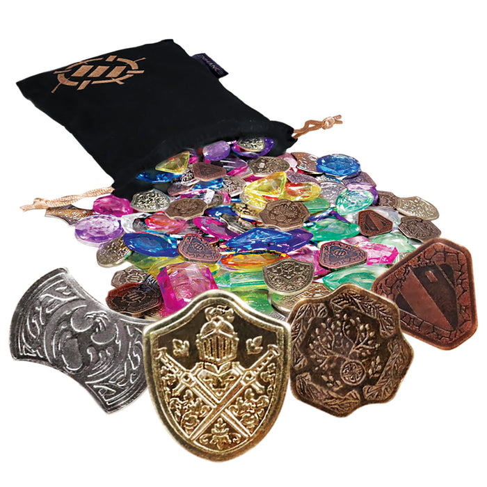 ENHANCE Tabletop Treasure Token Set - 40 Metal MTG Tokens (x10 Each Design) with Acrylic Assorted Gems (40+) and Drawstring Pouch, Counters for RPG Games - MTG Counters, DnD Coins for Tabletop Games