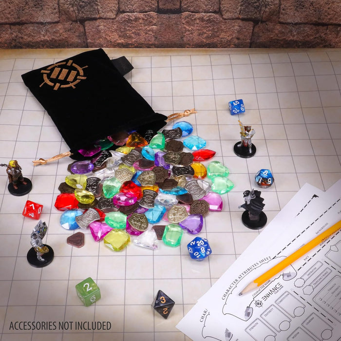 ENHANCE Tabletop Treasure Token Set - 40 Metal MTG Tokens (x10 Each Design) with Acrylic Assorted Gems (40+) and Drawstring Pouch, Counters for RPG Games - MTG Counters, DnD Coins for Tabletop Games