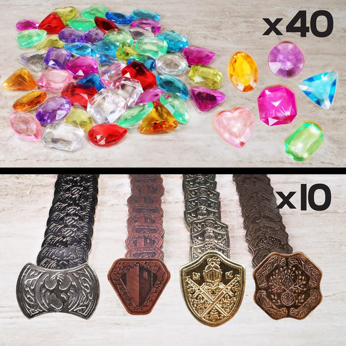 ENHANCE Tabletop Treasure Token Set - 40 Metal MTG Tokens (x10 Each Design) with Acrylic Assorted Gems (40+) and Drawstring Pouch, Counters for RPG Games - MTG Counters, DnD Coins for Tabletop Games