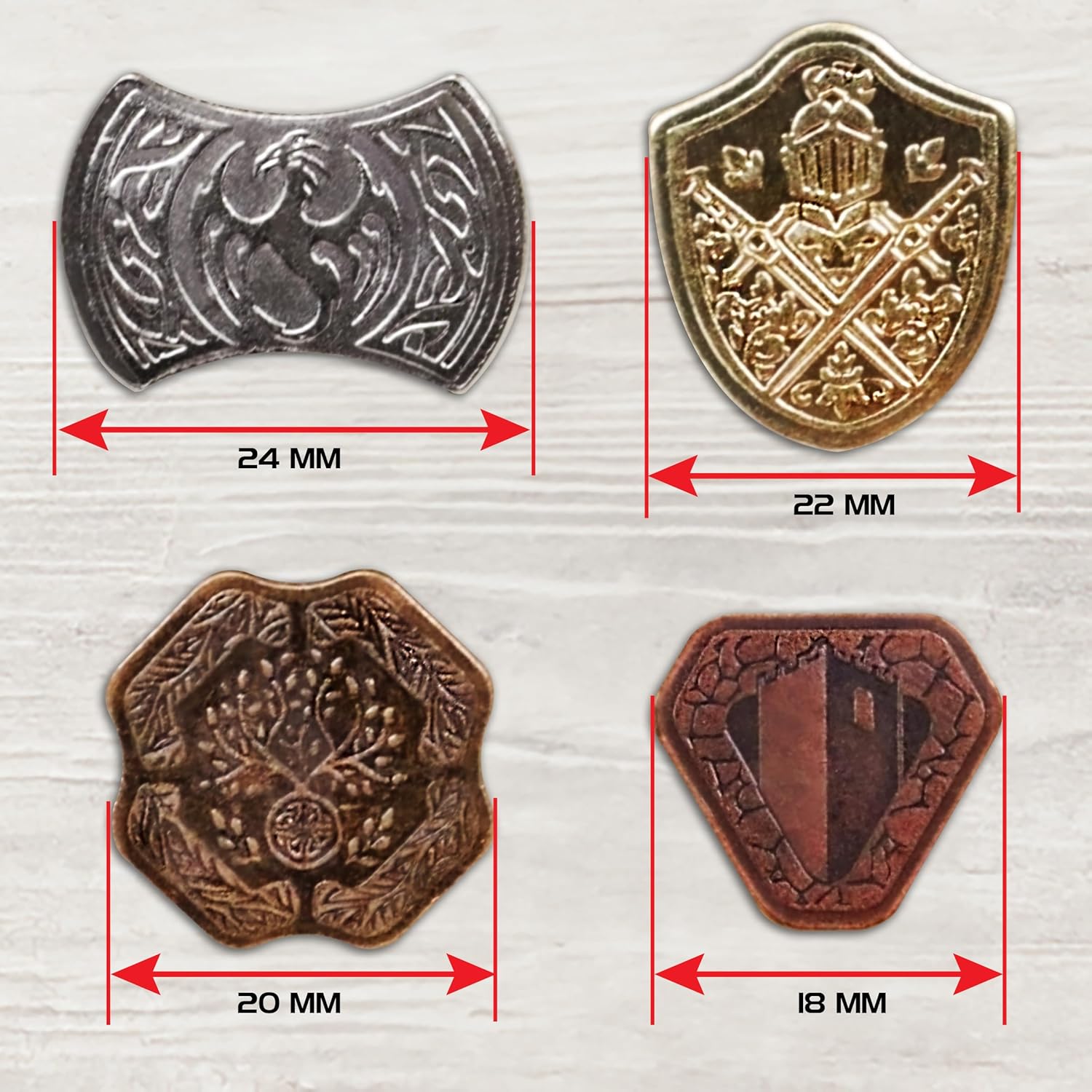 ENHANCE Tabletop Treasure Token Set - 40 Metal MTG Tokens (x10 Each Design) with Acrylic Assorted Gems (40+) and Drawstring Pouch, Counters for RPG Games - MTG Counters, DnD Coins for Tabletop Games