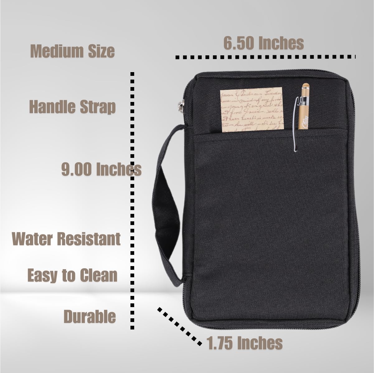 Plain Black Bible Covers | Bible Carrying Case for Men | Bible Bags for Women | Bible Case for Girls Boys | Bible Study Supplies with Ribbon Bookmark Pen Loop Zipper Pockets (9.00 x 6.50 x 1.75)