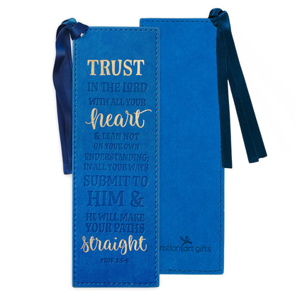 Christian Art Gifts Vegan Faux Leather Scripture Bookmark for Men: Trust In The Lord - Proverbs 3:5-6 Inspirational Bible Verse Heat-Debossed, Faith-Base Reading Book Accessory, Blue with Satin Tassel