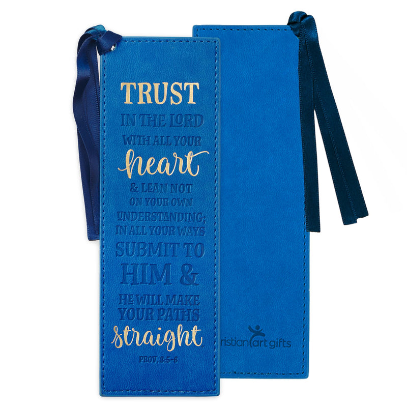 Christian Art Gifts Vegan Faux Leather Scripture Bookmark for Men: Trust In The Lord - Proverbs 3:5-6 Inspirational Bible Verse Heat-Debossed, Faith-Base Reading Book Accessory, Blue with Satin Tassel