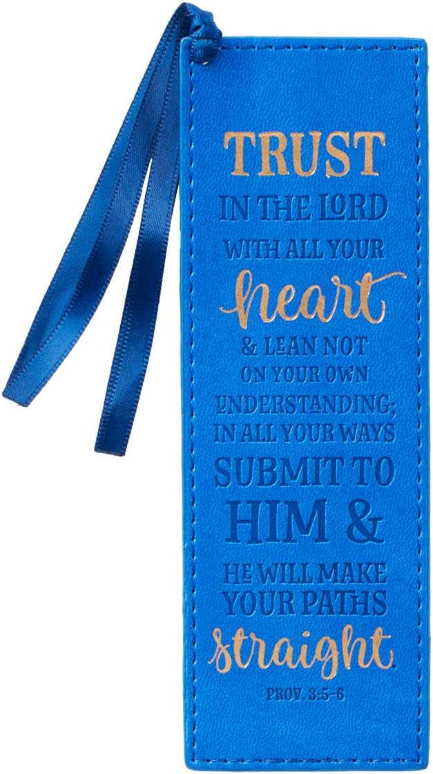 Christian Art Gifts Vegan Faux Leather Scripture Bookmark for Men: Trust In The Lord - Proverbs 3:5-6 Inspirational Bible Verse Heat-Debossed, Faith-Base Reading Book Accessory, Blue with Satin Tassel