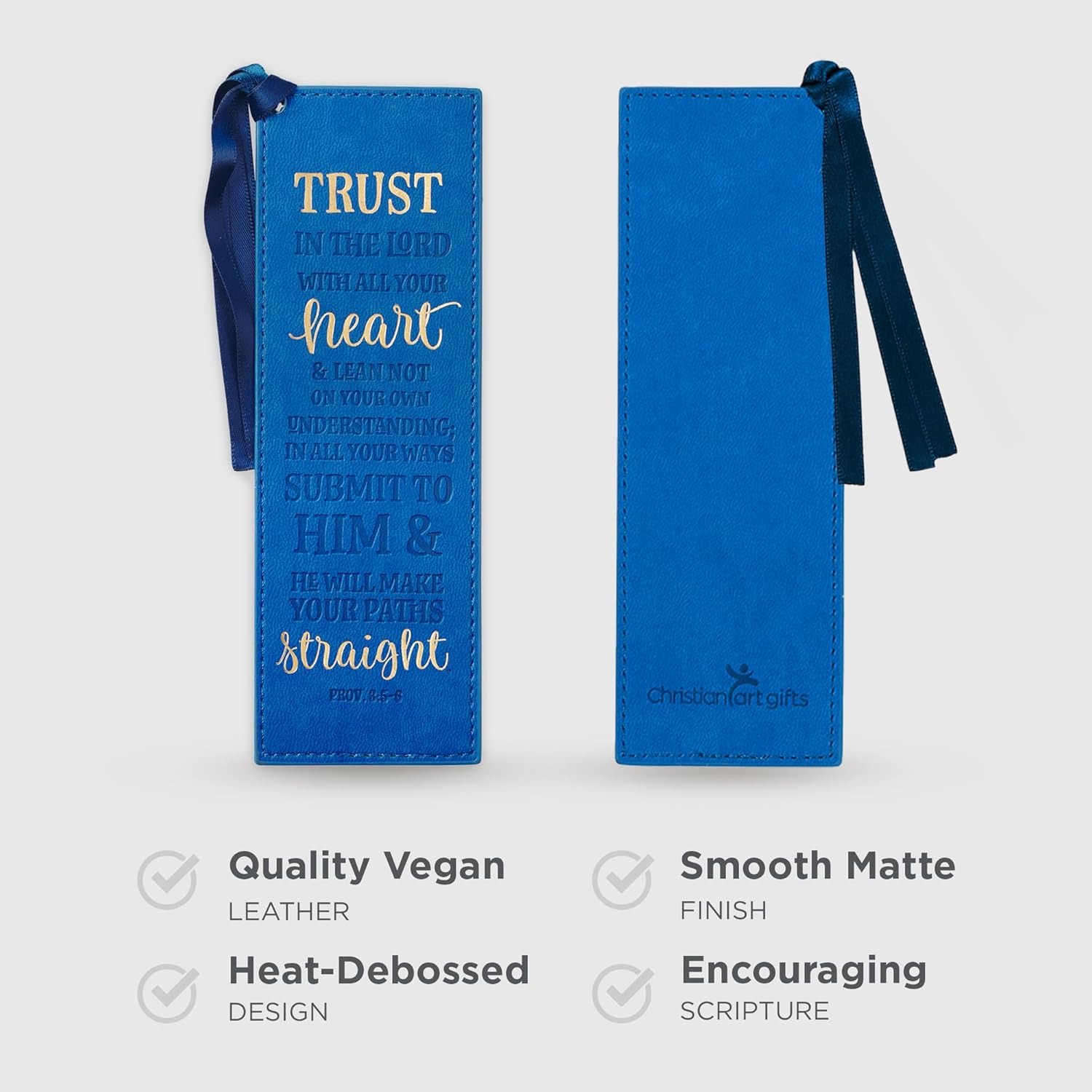 Christian Art Gifts Vegan Faux Leather Scripture Bookmark for Men: Trust In The Lord - Proverbs 3:5-6 Inspirational Bible Verse Heat-Debossed, Faith-Base Reading Book Accessory, Blue with Satin Tassel