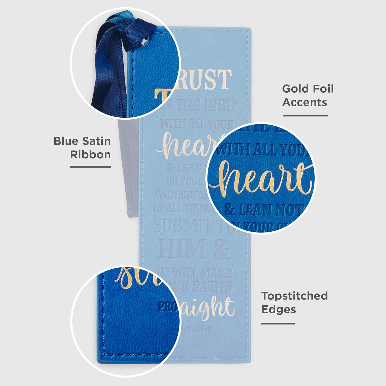 Christian Art Gifts Vegan Faux Leather Scripture Bookmark for Men: Trust In The Lord - Proverbs 3:5-6 Inspirational Bible Verse Heat-Debossed, Faith-Base Reading Book Accessory, Blue with Satin Tassel