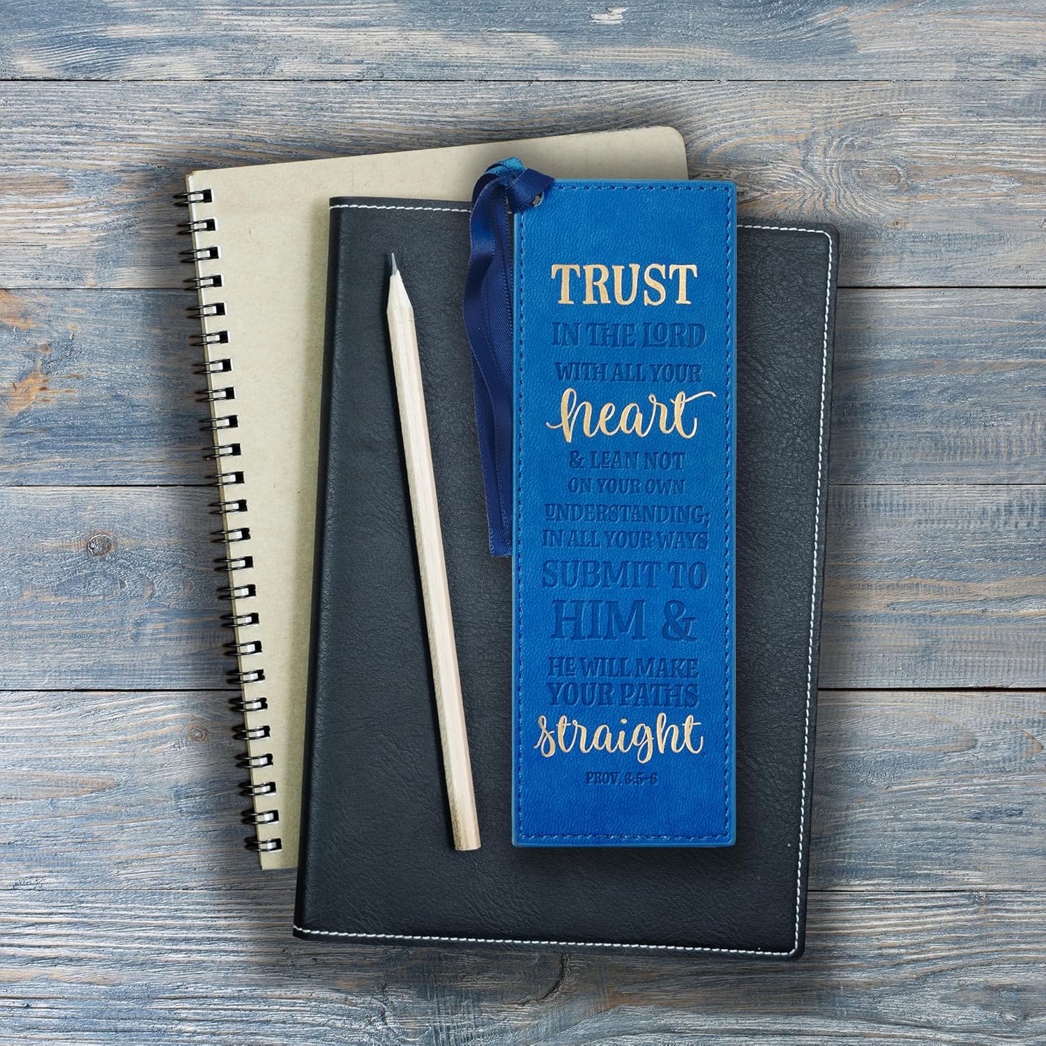 Christian Art Gifts Vegan Faux Leather Scripture Bookmark for Men: Trust In The Lord - Proverbs 3:5-6 Inspirational Bible Verse Heat-Debossed, Faith-Base Reading Book Accessory, Blue with Satin Tassel